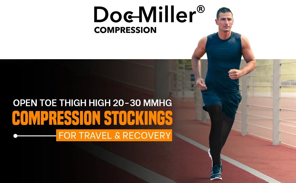 Doc Miller Thigh High Open Toe Compression Stockings 20-30mmHg for Varicose Veins, Improved Circulation, Pregnancy Support Open Toe Thigh High Compression Socks for Women and Men - 1 Pair Black Medium Black Medium (1 Pair) - Thigh High Open Toe Compression Relief Stockings Unisex Extra Firm Legwear Easy Donning Class