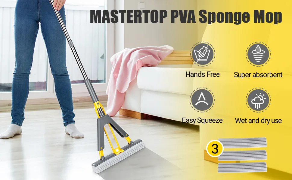 MASTERTOP PVA Sponge Mop for Floor Cleaning Self Squeeze Sponge Mop with 3 Pcs Sponge Heads Household Roller Sponge Mop with 51" Handle for Tile Marble Laminate Bamboo - PVA Sponge Mop
