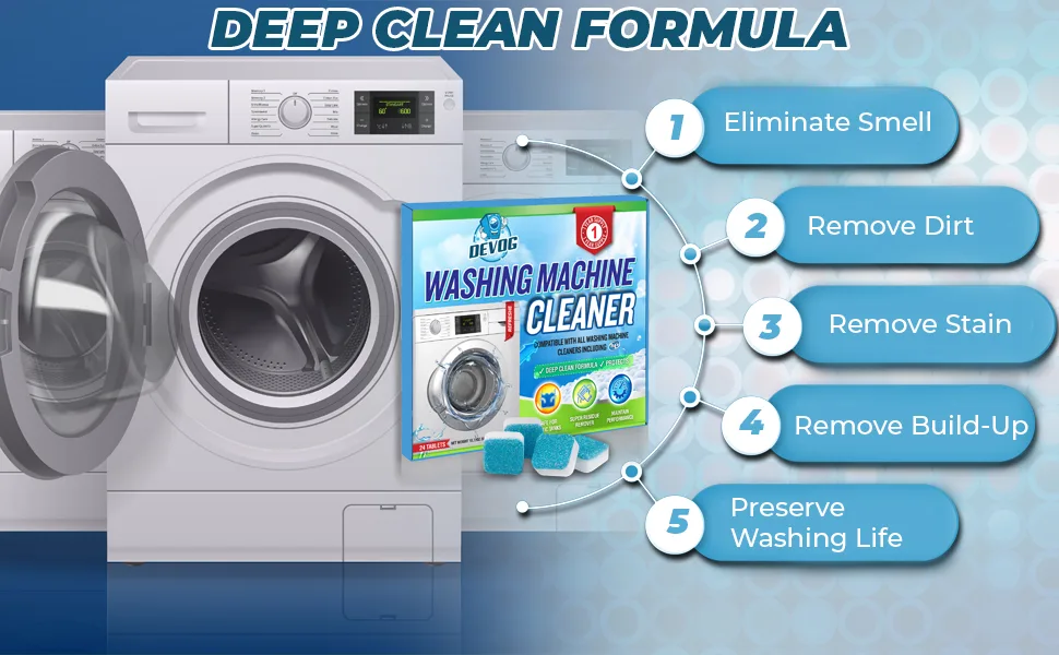 DEVOG Washing Machine Cleaner, 24 pcs Washer Machine Cleaner with Deep Cleaning Formula, 1 Year Supply, Washer Cleaner for Front Loader, Top Loader and HE - Devog washing machine cleaner