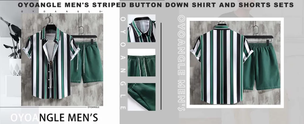 OYOANGLE Men's 2 Piece Outfits Short Sleeve Striped Button Down Shirt and Shorts Sets X-Large Green Solid Color - product information 1