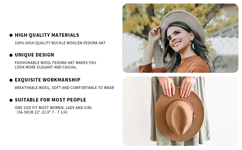 Lanzom Women Lady Felt Fedora Hat Wide Brim Wool Panama Hats with Band E-beige - product information 5