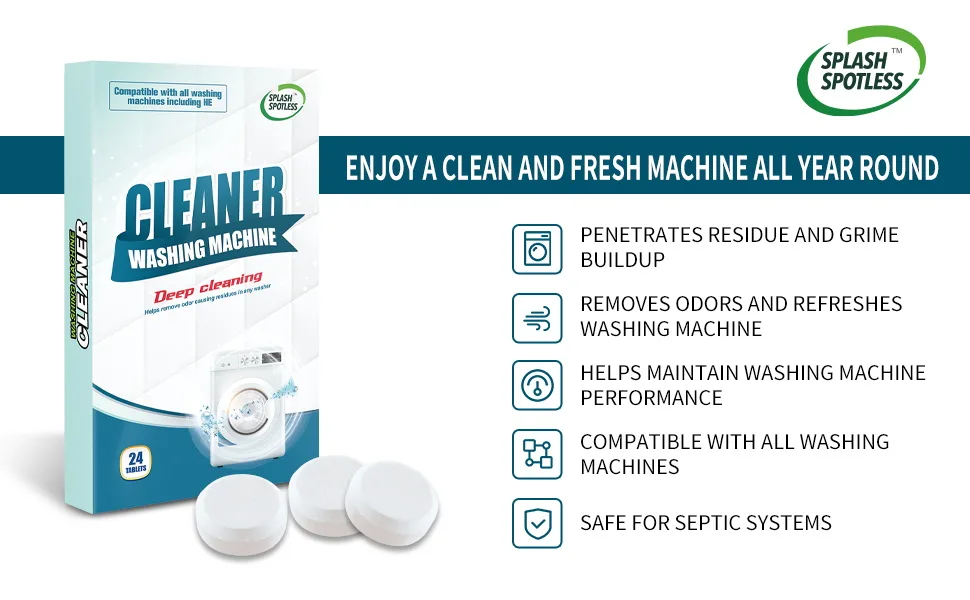 SPLASH SPOTLESS Washing Machine Cleaner Deep Cleaning for HE Top Load Washers and Front Load, 24 Tablets. - splash spotless