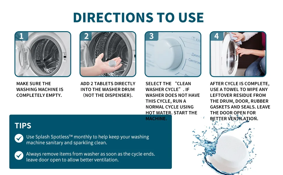 SPLASH SPOTLESS Washing Machine Cleaner Deep Cleaning for HE Top Load Washers and Front Load, 24 Tablets. - SPLASH SPOTLESS