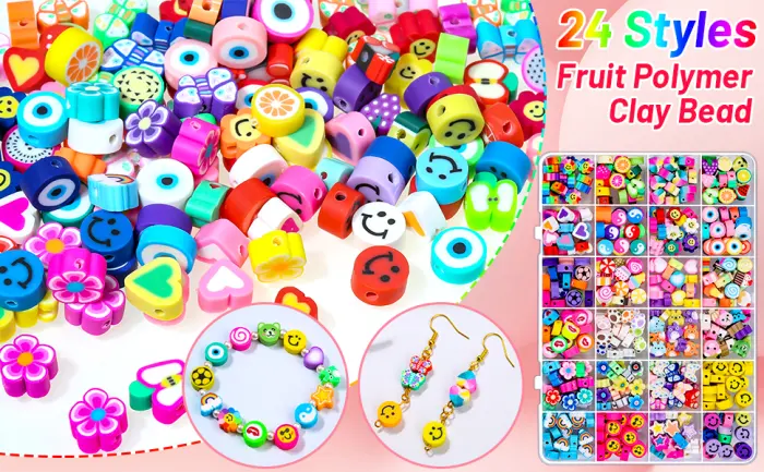 480 Pcs Fruit Flower Polymer Clay Beads, 24 Styles Trendy Cute Smiley Bead Charms for Bracelets Jewelry Necklace Earring Making with Elastic String - Fruit Flower Polymer Clay Beads
