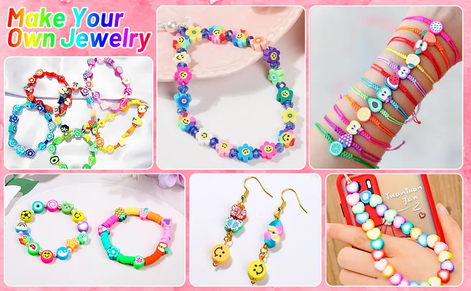 480 Pcs Fruit Flower Polymer Clay Beads, 24 Styles Trendy Cute Smiley Bead Charms for Bracelets Jewelry Necklace Earring Making with Elastic String - Fruit Flower Polymer Clay Beads