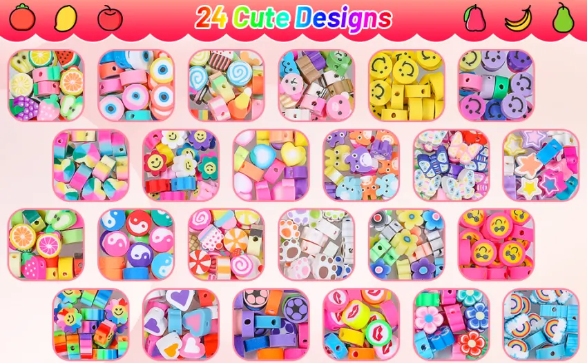 480 Pcs Fruit Flower Polymer Clay Beads, 24 Styles Trendy Cute Smiley Bead Charms for Bracelets Jewelry Necklace Earring Making with Elastic String - Fruit Flower Polymer Clay Beads