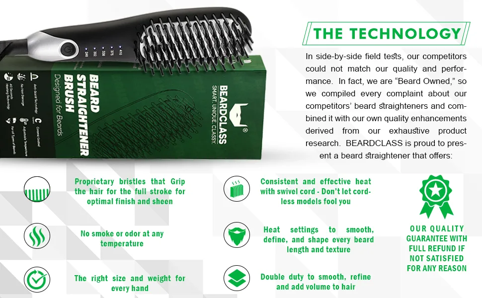 BEARDCLASS Premium Beard Straightener Comb - USA Designed for Beards! Fast Heating Electric Straightening Brush for Men with Anti-Scald Technology - Adjustable Temperature Portable Heated Straightner - The Technology