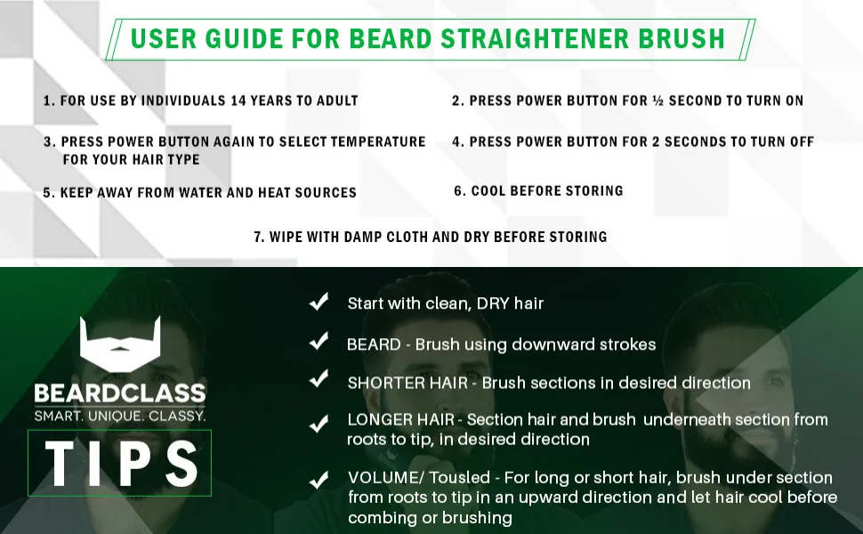 BEARDCLASS Premium Beard Straightener Comb - USA Designed for Beards! Fast Heating Electric Straightening Brush for Men with Anti-Scald Technology - Adjustable Temperature Portable Heated Straightner - User Guide and Tips