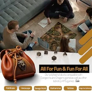 DNDMASTER Hollow Metal DND Dice Set - Unique Dragon Design Dice with Gift Dice Bag for Dungeons & Dragon Gaming, Dice Set with Drawstring Leather DND Dice Pouch Storage Bag Bronze - all for fun