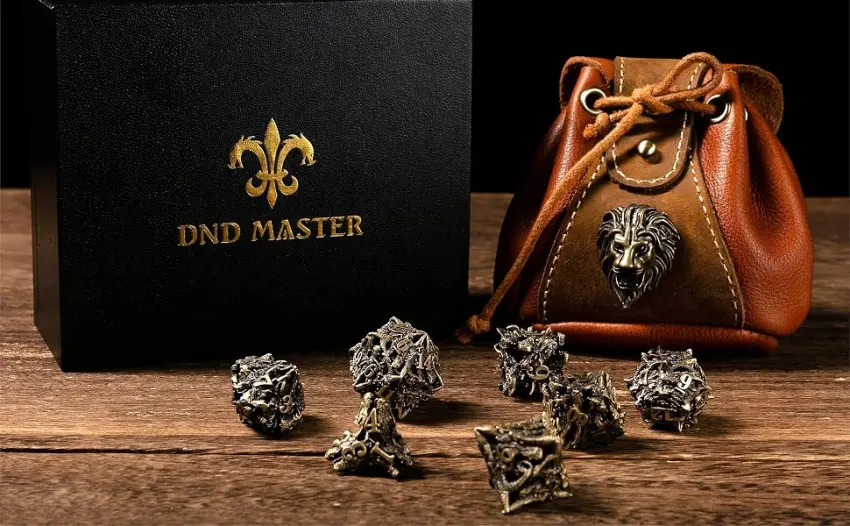 DNDMASTER Hollow Metal DND Dice Set - Unique Dragon Design Dice with Gift Dice Bag for Dungeons & Dragon Gaming, Dice Set with Drawstring Leather DND Dice Pouch Storage Bag Bronze - dice set all