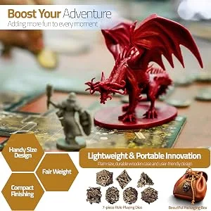 DNDMASTER Hollow Metal DND Dice Set - Unique Dragon Design Dice with Gift Dice Bag for Dungeons & Dragon Gaming, Dice Set with Drawstring Leather DND Dice Pouch Storage Bag Bronze - dnd dice