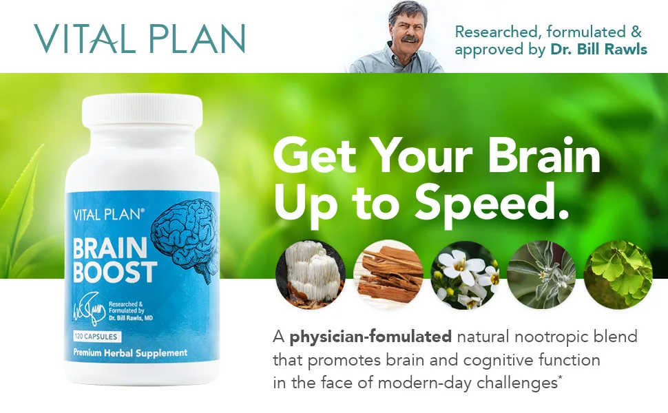 Vital Plan Brain Boost Supplement by Dr. Bill Rawls  Brain Boosting Capsules w/ Lions Mane, Cats Claw, Bacopa, Sensoril Ashwagandha & Ginkgo Biloba - brain boost neurotropic supplement focus multivitamin herb antioxidant advanced vital plan dr rawls