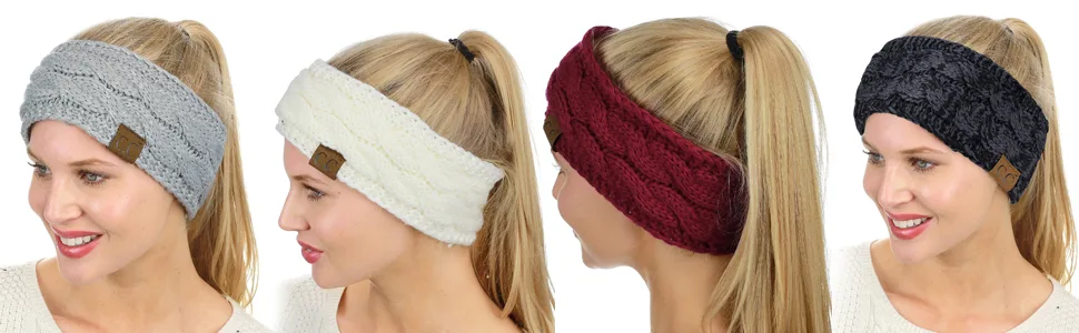 C.C Soft Stretch Winter Warm Cable Knit Fuzzy Lined Ear Warmer Headband, Ivory - product information 2