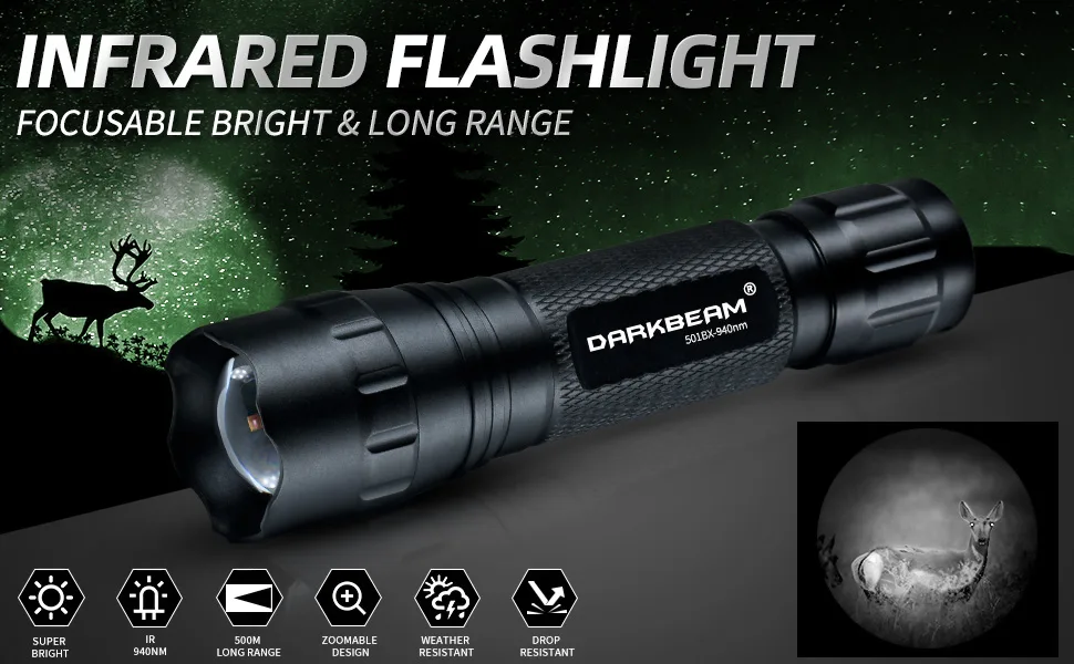 DARKBEAM Infrared 940nm Light for Night Vision Scope, LED Long Range & Mini IR Flashlight Must Work with Infrared Gear, Rechargeable Portable Zoom Tactical Illuminator for Hunting, Observation, Search - 501BX-940
