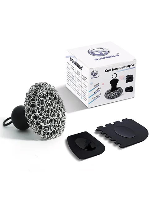 Cast Iron Cleaning Kit with Chainmail Scrubber & Pan Scraper, Upgraded Chainmail Scrubber with Ergonomic Grip, Dishwasher Safe Cast Iron Skillet Cleaner for Cast Iron Pans/Skillet/Dish/Pot by SOUHEILO Medium Black - CIS02