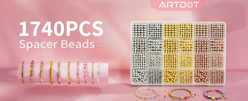 ARTDOT Gold Beads for Jewelry Bracelets Making, 1740 PCS 8 Styles Spacer Beads Kit (Gold, Sliver, Rose Gold) - gold beads