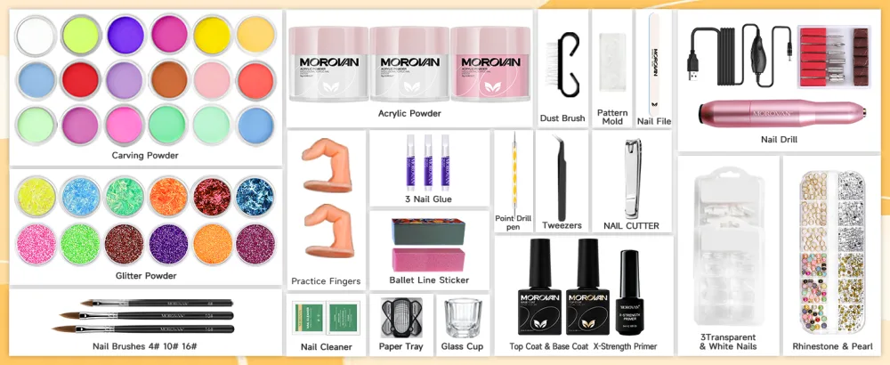 Morovan Acrylic Nail Kit with Drill - Professional Nail Kit Acrylic Set with Everything for Beginners Glitter Acrylic Powder for Nail Extension DIY Complete Starter Set 65 Pieces Kit with Drill - acrylic nail kit