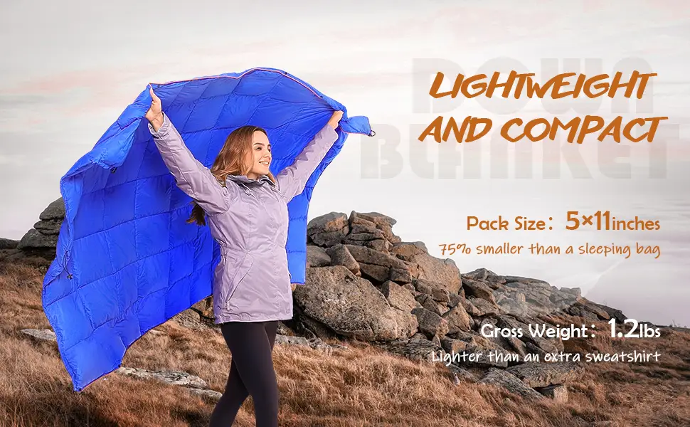 LUXCOL Down Camping Blanket - 700 Fill Power Puffy, Warm, Water Resistant, Lightweight and Portable for Outdoors, Travel, Camping - Black - lightweight and compact