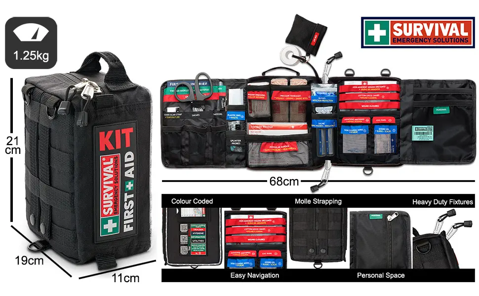 SURVIVAL Vehicle First Aid KIT - Premium First Aid Kit for Vehicles and Outdoor Emergencies - 94 Pieces - SURVIVAL Home/Workplace First Aid KIT Dimensions and Features