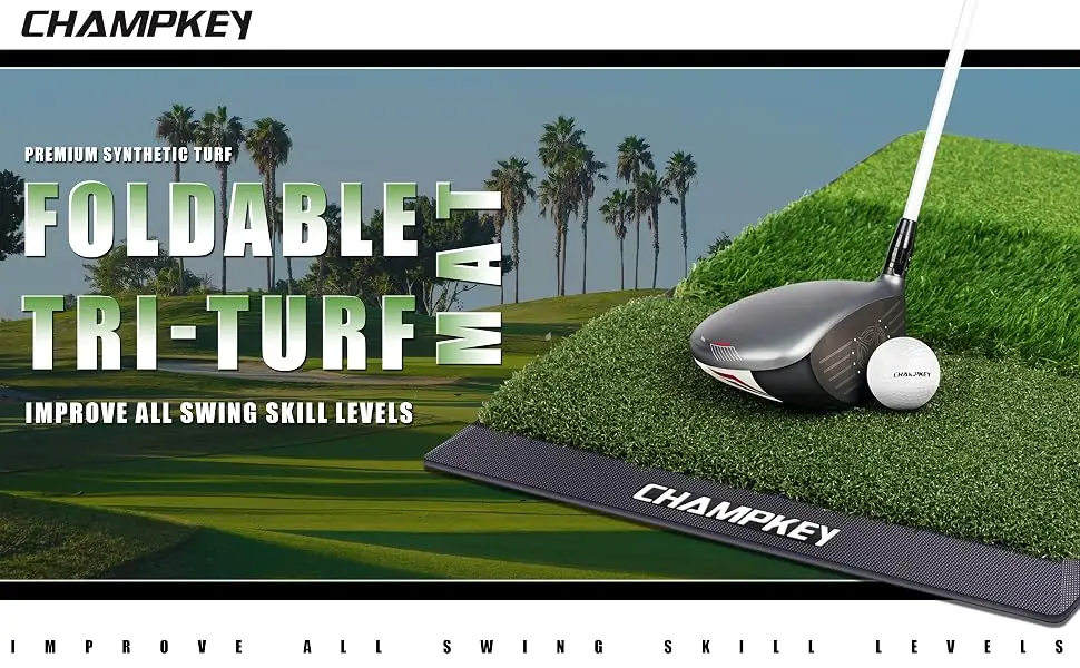 CHAMPKEY Professional Tri-Turf Golf Hitting Mat | Heavy Duty Rubber Backing Practice Mat Ideal for Indoor and Outdoor Training 16" x24" PRO Version - product information 1