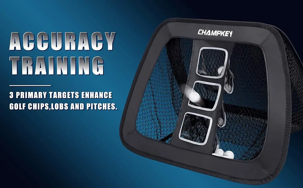 CHAMPKEY Double Sided Golf Chipping Net with Golf Hitting Mat | Come with 12 Foam Golf Balls | 5 Ply-Knotless Netting Chipping Net and Heavy Duty Rubber Backing Hitting Mat Ideal for Training - 123456