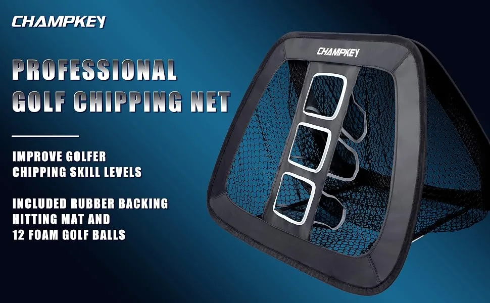 CHAMPKEY Double Sided Golf Chipping Net with Golf Hitting Mat | Come with 12 Foam Golf Balls | 5 Ply-Knotless Netting Chipping Net and Heavy Duty Rubber Backing Hitting Mat Ideal for Training - 446456
