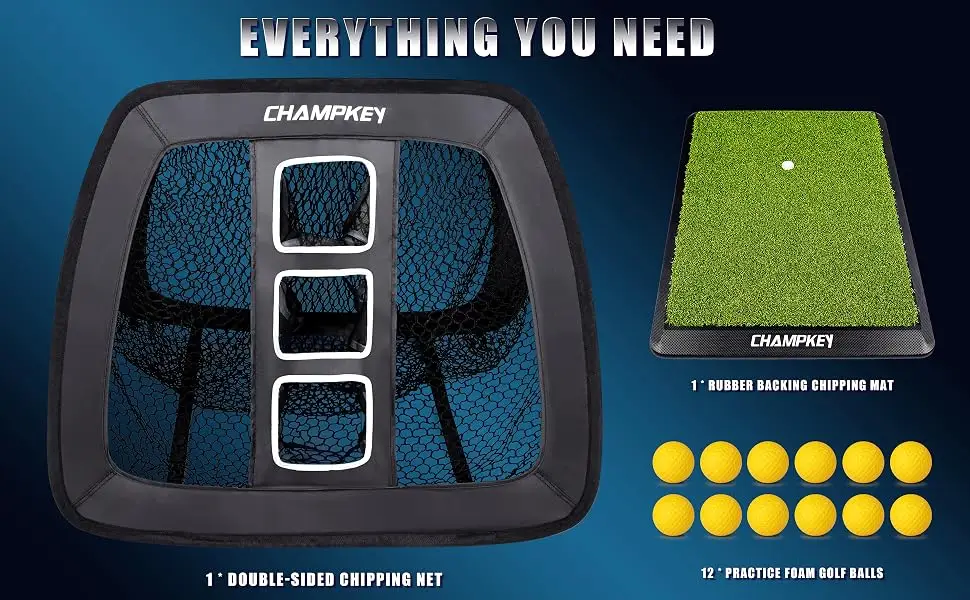 CHAMPKEY Double Sided Golf Chipping Net with Golf Hitting Mat | Come with 12 Foam Golf Balls | 5 Ply-Knotless Netting Chipping Net and Heavy Duty Rubber Backing Hitting Mat Ideal for Training - 789555666