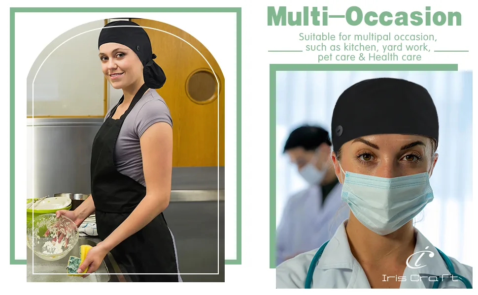 IRIS CRAFT Working Cap with Button Long Hair, Adjustable Working Hat Sweatband Cotton Ponytail Holder, Tie Back Hats #Daisy Green With Satin-lined - occasion