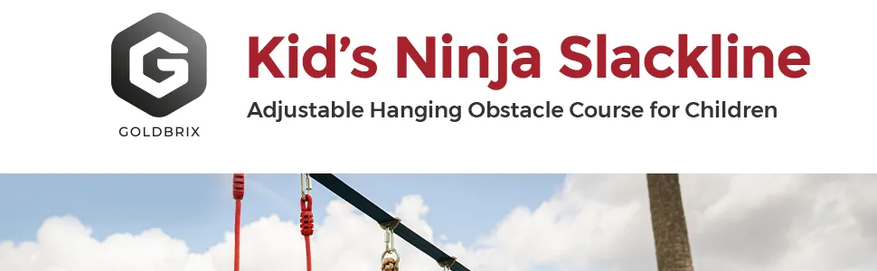 GOLDBRIX Kids Ninja Slackline 2x65 FT  Adjustable Hanging Obstacle Course for Children, Supports 450 LB, 4.9 FT Tree Guard, Includes Knee and Elbow Pads  Easy Setup - adjustable sackline hanging obstacle course children tree guards knee elbow pads ninja kid safe