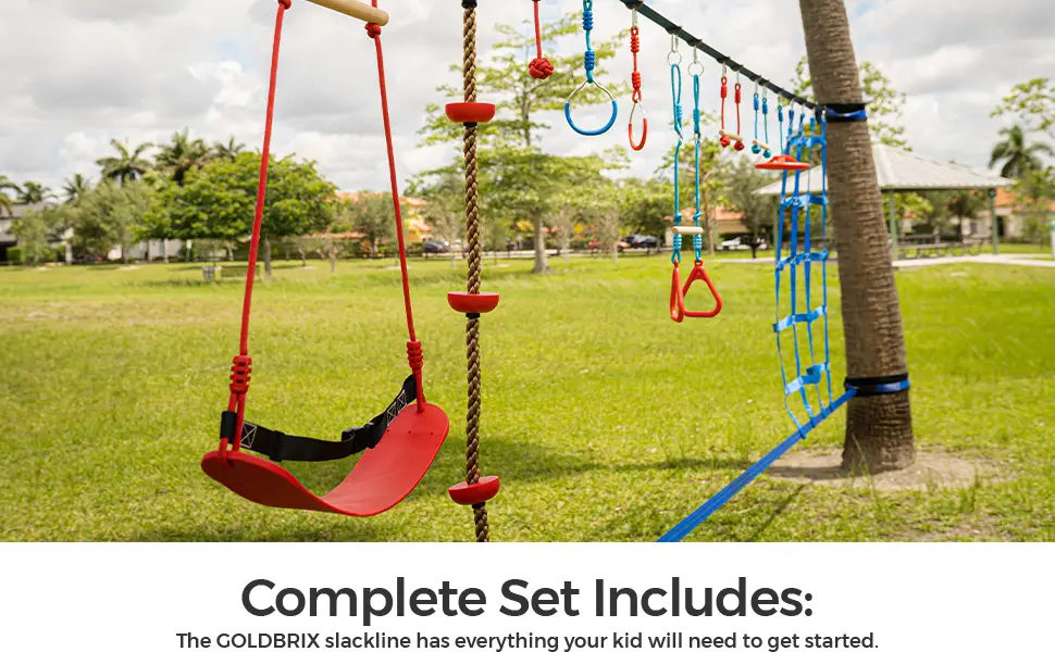 GOLDBRIX Kids Ninja Slackline 2x65 FT  Adjustable Hanging Obstacle Course for Children, Supports 450 LB, 4.9 FT Tree Guard, Includes Knee and Elbow Pads  Easy Setup - adjustable sackline hanging obstacle course children tree guards knee elbow pads ninja kid safe