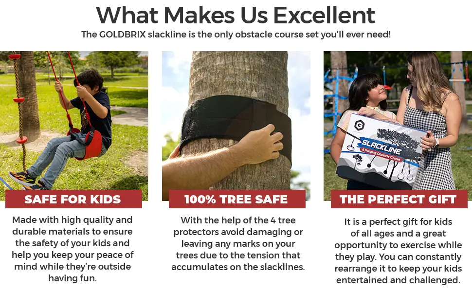 GOLDBRIX Kids Ninja Slackline 2x65 FT  Adjustable Hanging Obstacle Course for Children, Supports 450 LB, 4.9 FT Tree Guard, Includes Knee and Elbow Pads  Easy Setup - adjustable sackline hanging obstacle course children tree guards knee elbow pads ninja kid safe