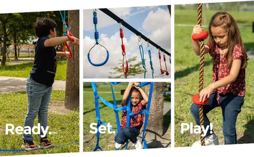 GOLDBRIX Kids Ninja Slackline 2x65 FT  Adjustable Hanging Obstacle Course for Children, Supports 450 LB, 4.9 FT Tree Guard, Includes Knee and Elbow Pads  Easy Setup - adjustable sackline hanging obstacle course children tree guards knee elbow pads ninja kid safe