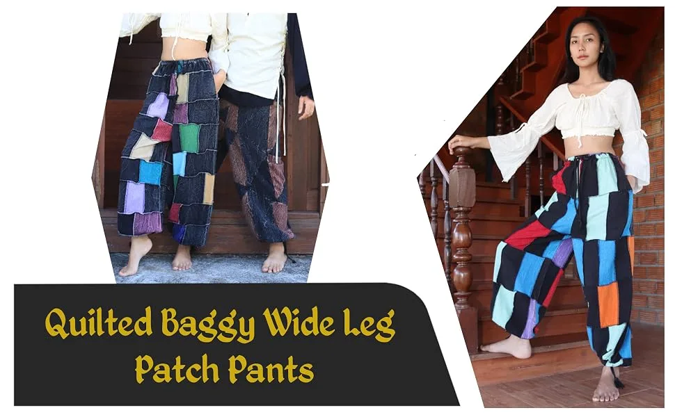 Svenine Cotton Pants Quiltwork Elastic Ankle Wide Leg Baggy Balloon Pants Small-Medium Colorful - Main