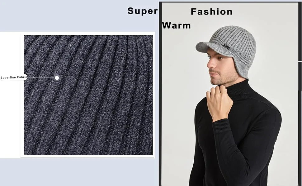 Muryobao Mens Winter Beanie Visor Hat Warm Knitted Brim Hat Thick Knit Earflap Baseball Cap for Outdoor Sport Black - product information 2