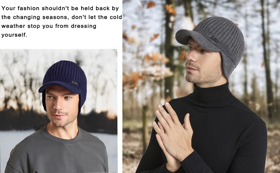 Muryobao Mens Winter Beanie Visor Hat Warm Knitted Brim Hat Thick Knit Earflap Baseball Cap for Outdoor Sport Black - product information 5