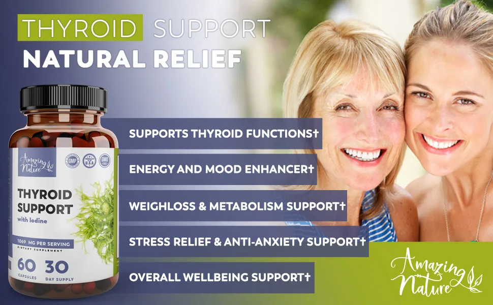 Thyroid Support & Iodine Supplement  Metabolism & Energy Pills for Thyroid Health with Selenium, Magnesium & Adaptogens  Ashwagandha, L-Tyrosine, Kelp - thyroid support supplements Selenium magnesium b complex hormone balance for women focus