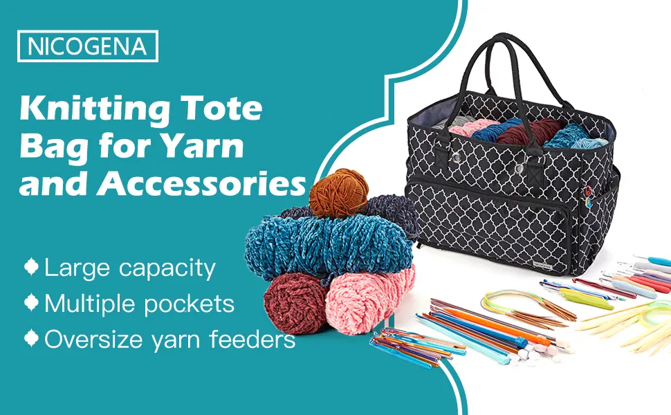 NICOGENA Knitting Bag, Portable Yarn Storage Tote for Yarn Skeins and Accessories Tangle Free with 4 Oversized Grommets, Gray Gray(Large capacity) - kittting bag