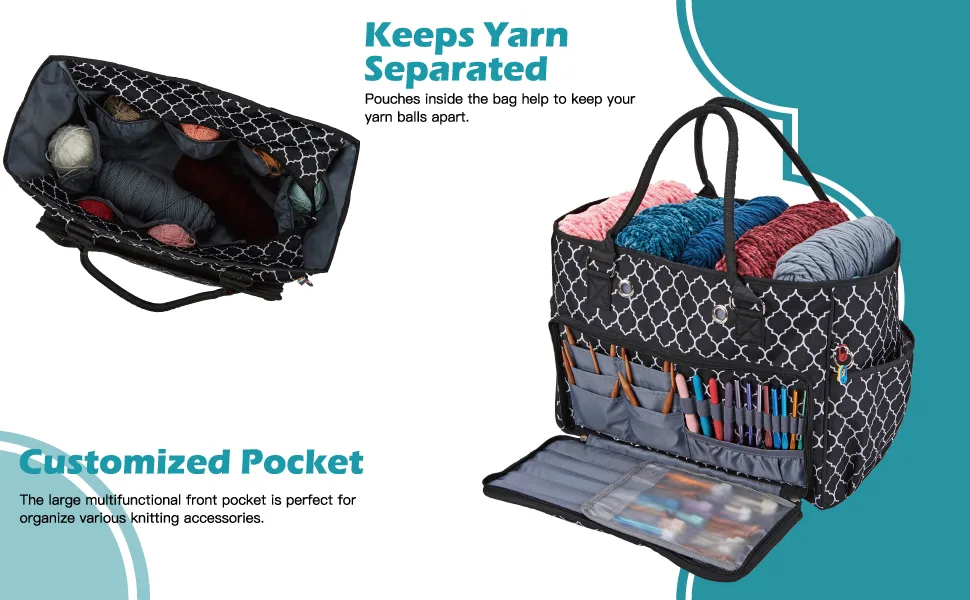 NICOGENA Knitting Bag, Portable Yarn Storage Tote for Yarn Skeins and Accessories Tangle Free with 4 Oversized Grommets, Gray Gray(Large capacity) - kittting bag