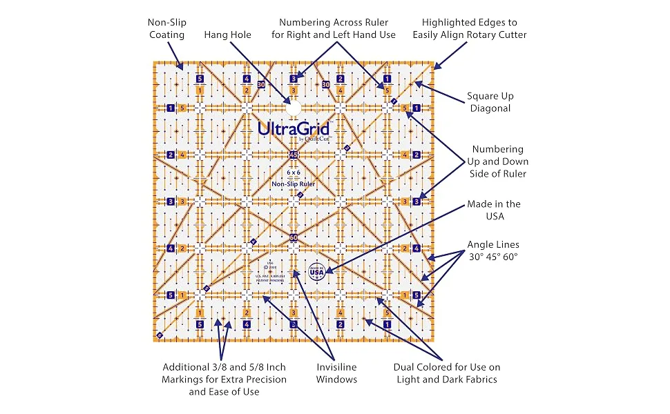 QuiltCut UltraGrid USA Made Non-Slip Quilting Ruler  7 Piece Starter Set - features