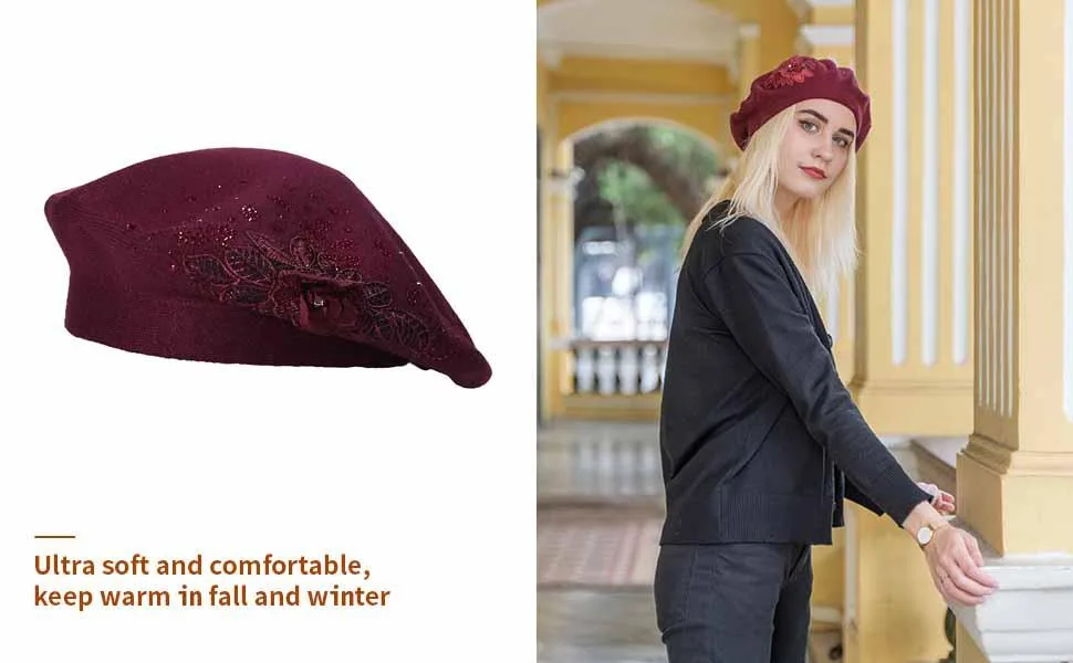 ZLYC Womens French Beret hat, Reversible Solid Color Cashmere Mosaic Warm Beret Cap for Girls Flower Black - Ultra soft and comfortable, keep warm in fall and winter