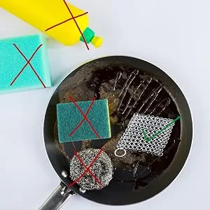 Dapper&Doll Cast Iron Cleaner Stainless Steel Chainmail Scrubber Removes Stuck On Food Fast Works Great on Cast Iron Skillets 4" Square - cast iron brush
