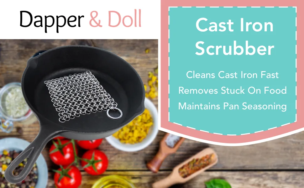Dapper&Doll Cast Iron Cleaner Stainless Steel Chainmail Scrubber Removes Stuck On Food Fast Works Great on Cast Iron Skillets 4" Square - cast iron skillet cleaner chainmail scrubber