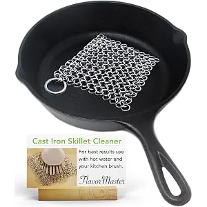 Dapper&Doll Cast Iron Cleaner Stainless Steel Chainmail Scrubber Removes Stuck On Food Fast Works Great on Cast Iron Skillets 4" Square - chainmail scrubber for cast iron pans