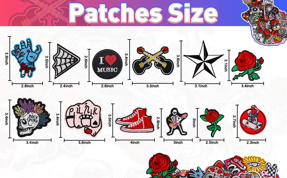 Meneng Embroidered Patches Iron-on Appliques: 30pcs Assorted Cool Punk Embroidery Sew-on Patch for Jackets Clothing A-Cool Punk Style - size