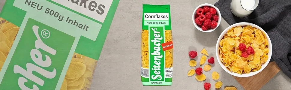 Seitenbacher Cornflakes Extra Large low in sugar without genetic engineering German corn pack of 6 6 x 500 g - ontbijt, cornflakes, maïs, frambozen, melk, serveersuggestie, vezels, zonder suiker