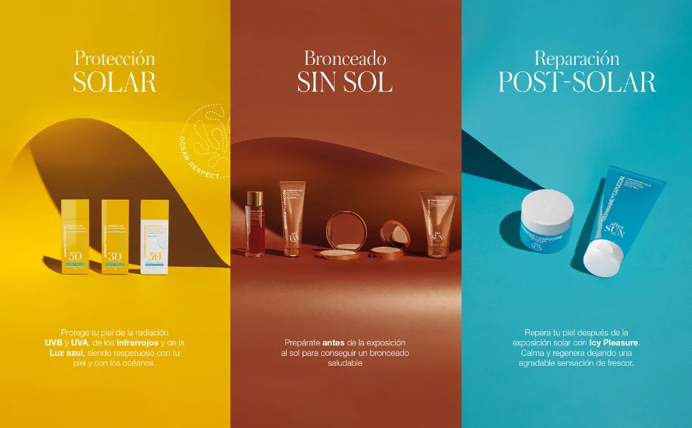 Germaine de Capuccini Timexpert Sun Oil Expressure SPF 20 - Display met drie panelen voor huidverzorgingsproducten. Rubrieken voor