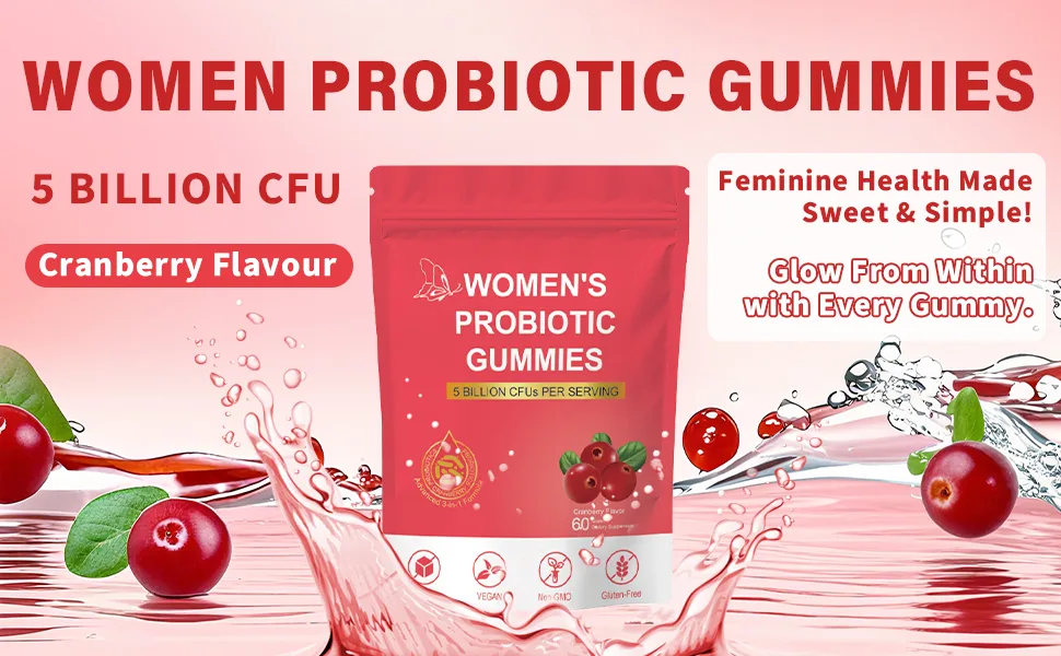 Not Specified Womens Probiotic Gummies Premium Female PH Balance Gummy 5 Billion CFUs Cranberry Flavor Sugar Free Vegan 60 Count - De tekst luidt: