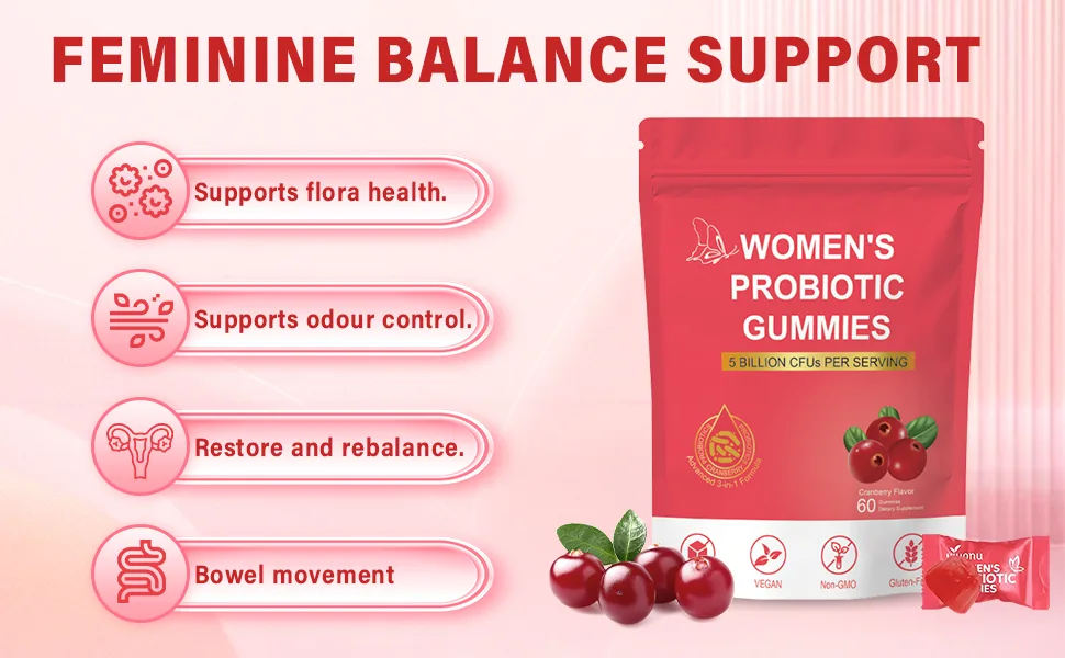 Not Specified Womens Probiotic Gummies Premium Female PH Balance Gummy 5 Billion CFUs Cranberry Flavor Sugar Free Vegan 60 Count - De tekst luidt: