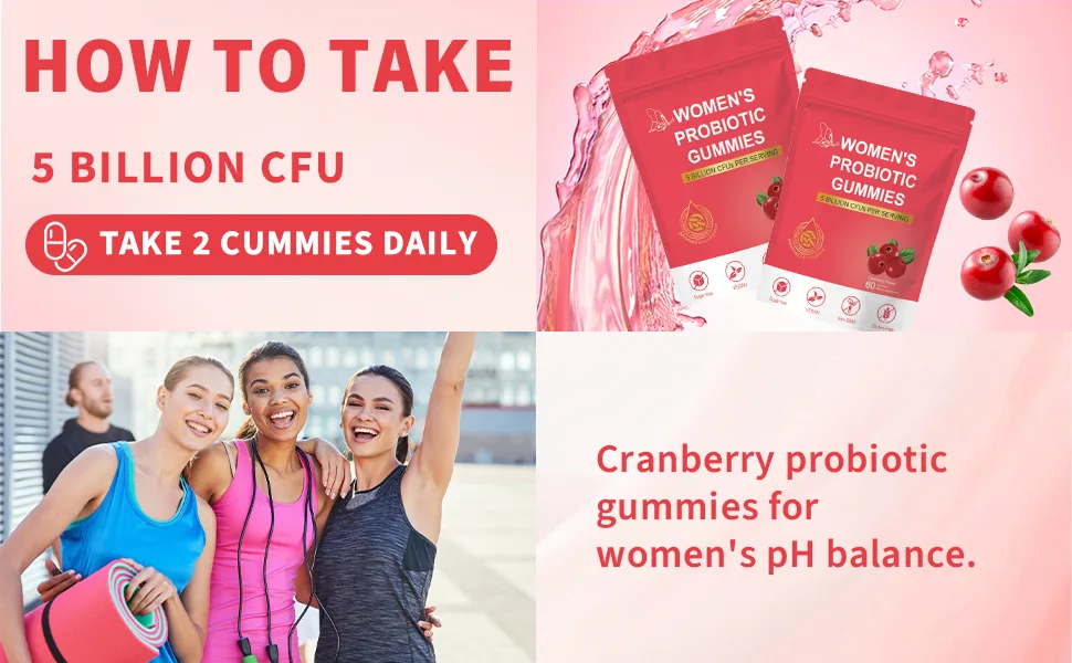 Not Specified Womens Probiotic Gummies Premium Female PH Balance Gummy 5 Billion CFUs Cranberry Flavor Sugar Free Vegan 60 Count - De tekst luidt