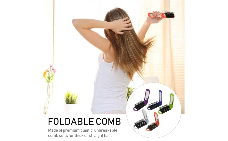 Mikinona 5Pcs Foldable Comb with Mirror Antistatic Comb for High Temperature for Outdoor Travel White Blue Orange Green Purple - product information 5